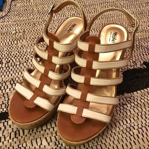 White and Tan Wedge Heels